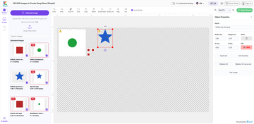 DTF Xpress gang sheet builder canvas with auto-nested designs, live $7.28 pricing, and a low-DPI warning badge on the selected image